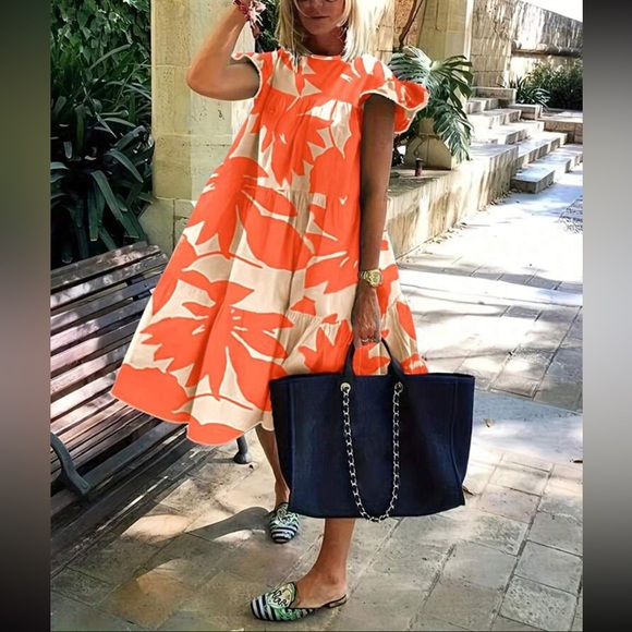 Boho floral tropical print ruffle hem vacation dress - Picture 7 of 10